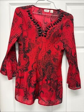 Cato Red & Black Embellished V-Neck Top